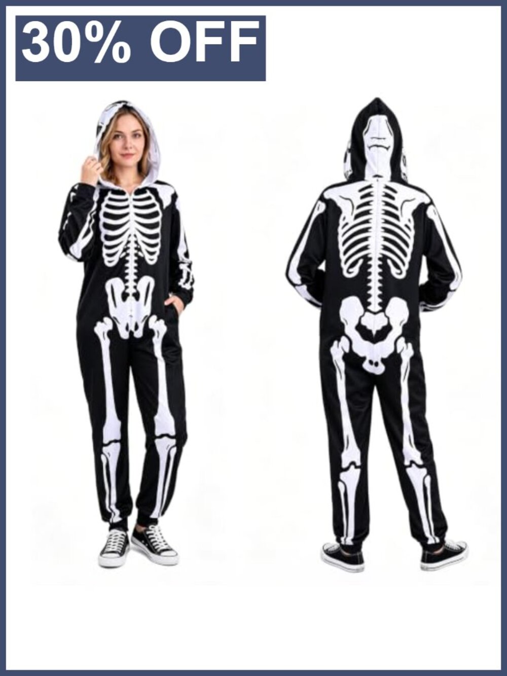 Adult Skeleton Onesie Costume Jumpsuit Halloween Hooded Zipper Unisex